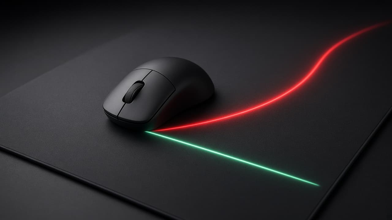 A mouse on a dark pad. A straight green line and a curved red line both leave the sensor.