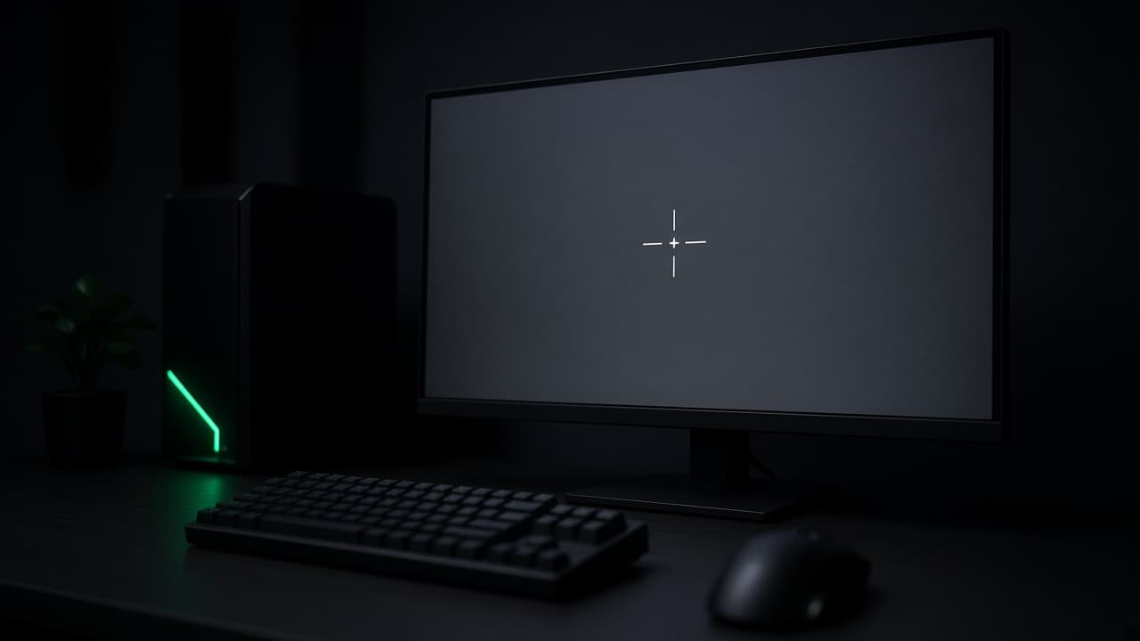 A dark desk, a monitor with a simple crosshair, and a mouse
